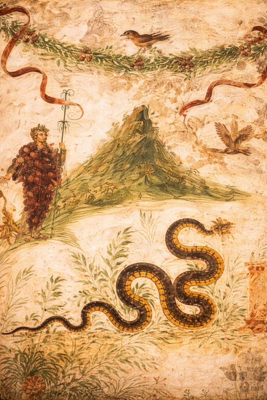 Pompeian wall painting (1st century AD) depicting Bacchus before Mount Vesuvius, discovered in Pompeii and now preserved in the National Archaeological Museum of Naples. The image documents the deep association between viticulture and the Vesuvian landscape centuries before the Christian naming of Lacryma Christi.